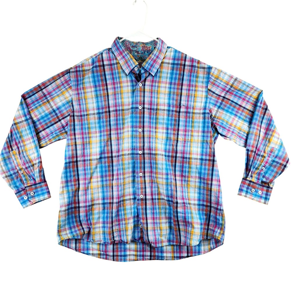 Alanโ Flusser Plaid Button Down Shirt Paisley Trim Mens XXL Multicolor Cotton